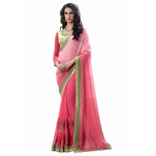 Triveni Marvelous Pink Colored Border Worked Shimmer Georgette Saree